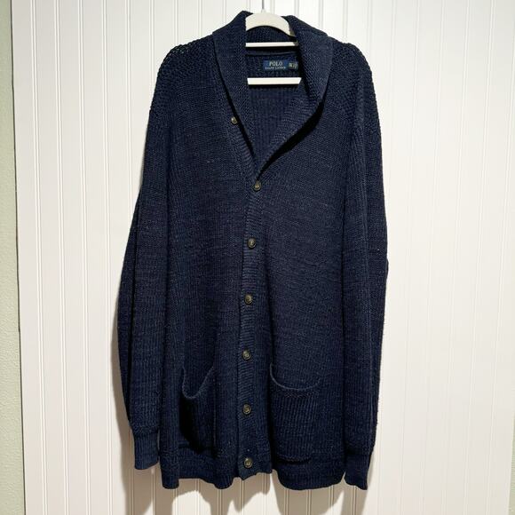 Polo Ralph Lauren Navy Blue Cotton Cardigan Sweater Shawl Collar Mens 2XL Tall - Picture 2 of 7